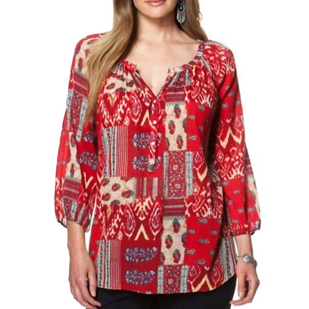 Chaps Patchwork Peasant Blouse Boho Aztec - image 1